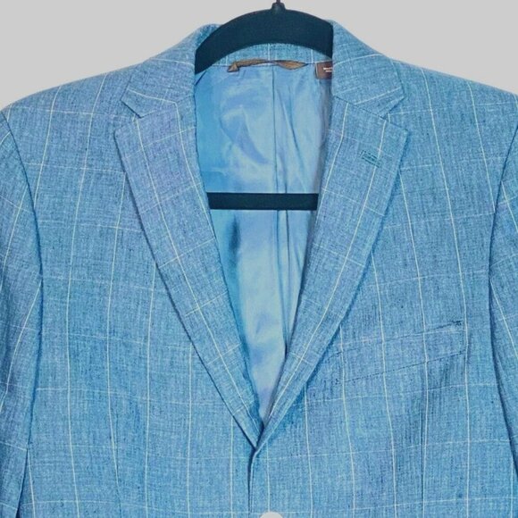 Michael Kors Blue Windowpane Linen Blazer Womens 14R Tailored Fully Lined 2 Butt - Picture 6 of 11